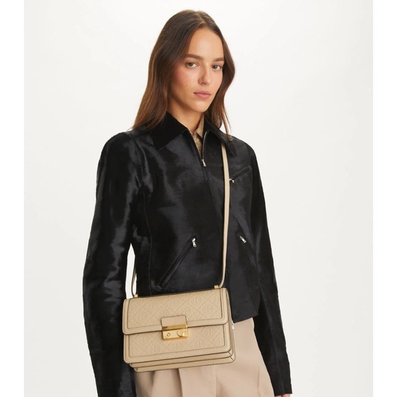 New Tory Burch T Monogram Flap Leather Shoulder Crossbody Bag In Fresh Clay - Picture 2 of 16